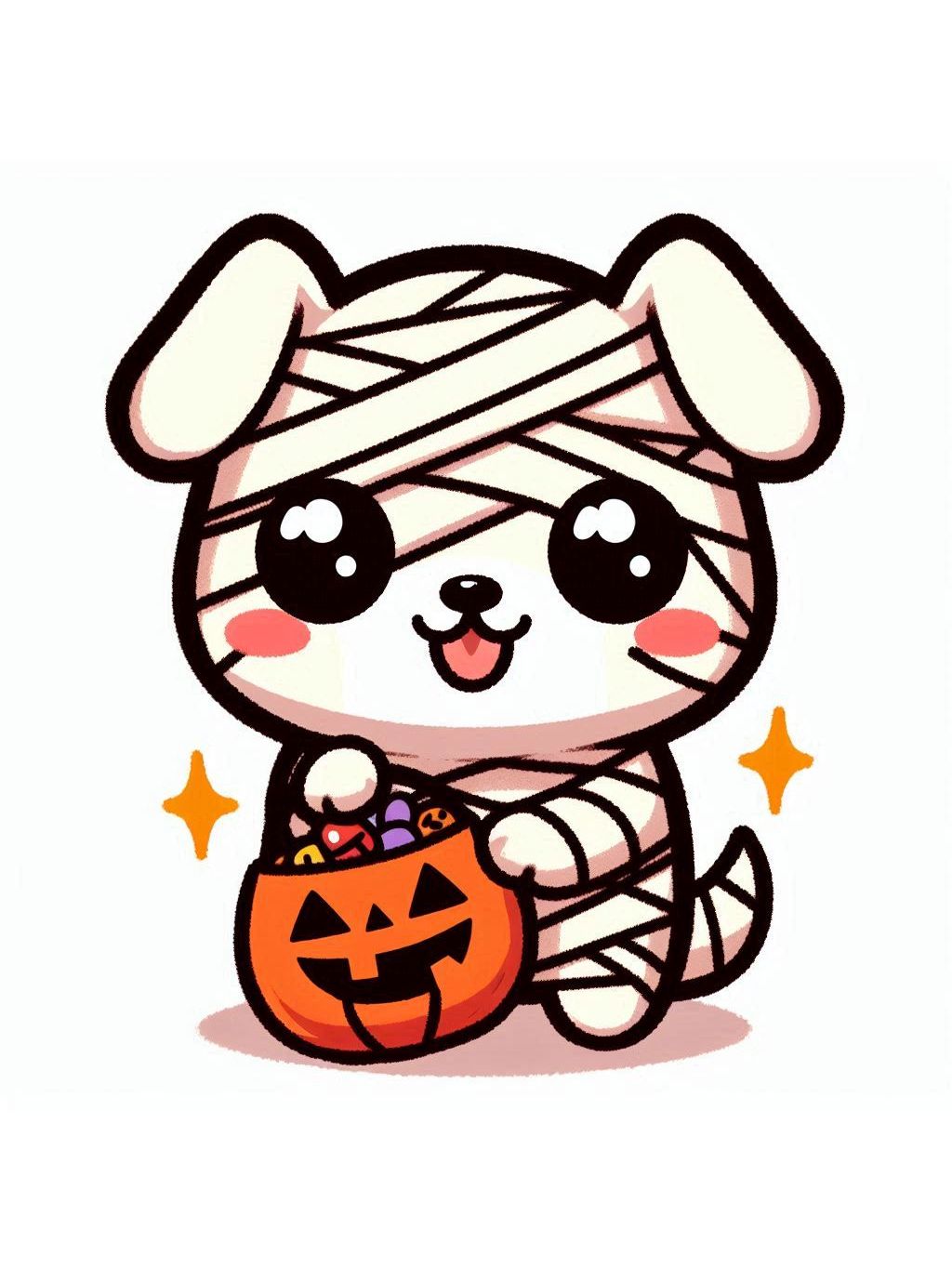 halloween cute animals drawings: an adorable puppy wrapped as a mummy, holding a Halloween pumpkin basket filled with treats.
